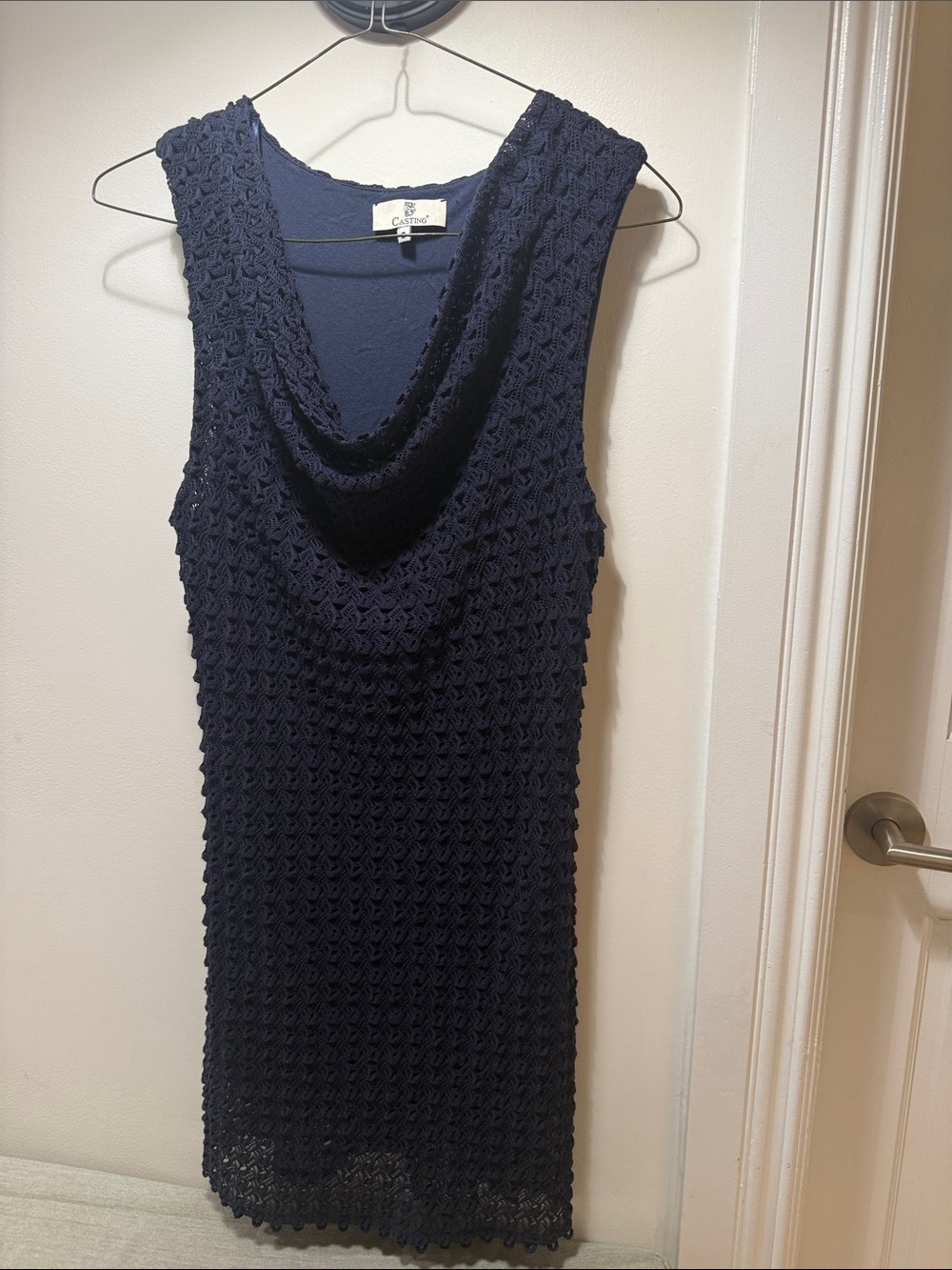 Casting Navy Crochet Cowl-Neck Sleeveless Dress